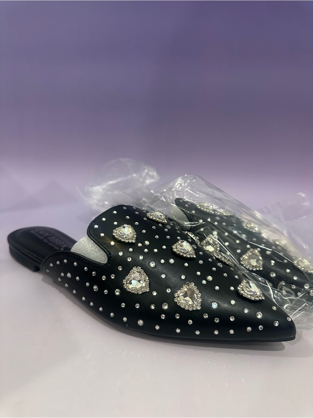 Cape Robbin Black Crystal Heart Embellished Slip-On Mule Heels